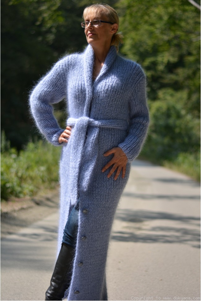 Shawl collared unisex long mohair cardigan ribbed knitted in light
